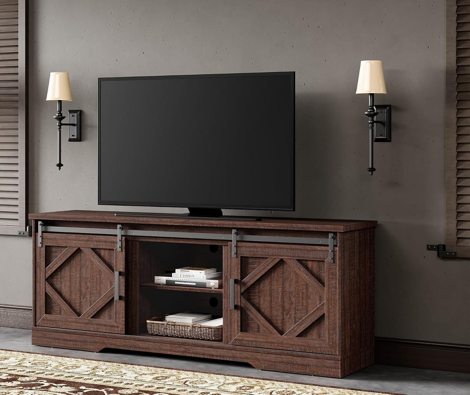 WAMPAT Modern Farmhouse 3 in 1 TV Stand for up to 95' TVs,Wood Media TV Console Table with Storage Cabinets and Sliding Barn Doors,Entertainment Center for Living Room Bedroom,Rustic Brown