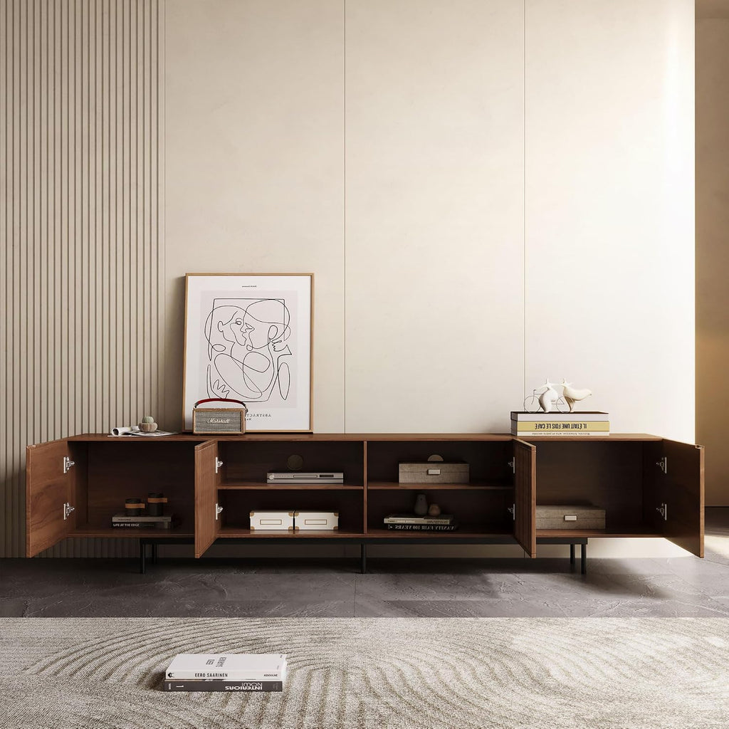 Mid Century Modern TV Stand for 80+ Inch TVs, 94.48' Walnut Console with Ample Storage – Stylish Entertainment Center for Living Room or Bedroom