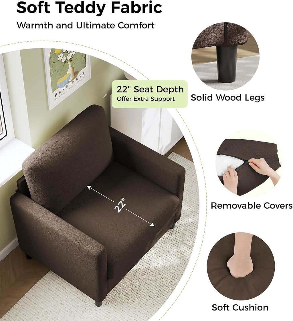 Welzona Sofa Accent Chair, 33' Reading Chair for Bedroom, Tool-Free Setup Living Room Accent Chairs, Comfy Arm Chairs Living Room, All-Wood Reading Nook, Brown