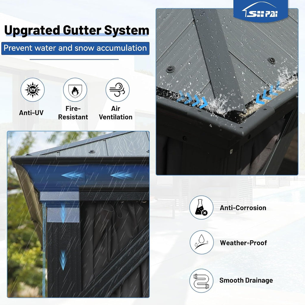 Outdoor Hardtop Gazebo for Patio 10x12FT with Resin-Galvanized Steel Roof, Metal Hard Top Gazebo with Gutters, Heavy Duty Gazebos All Season with Curtains & Netting, for Deck, Backyard, Hot Tub