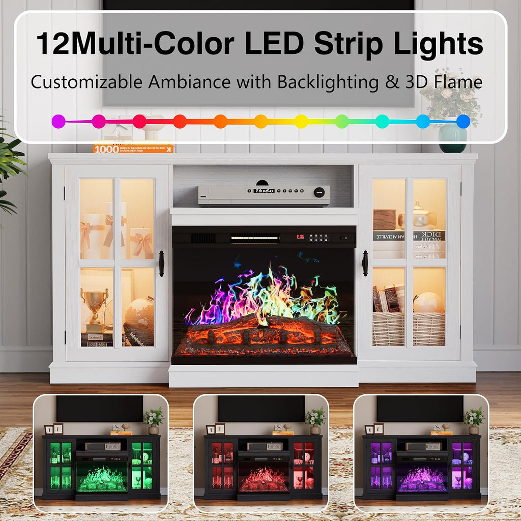 YESHOMY Glass Fireplace TV Stand for Televisions up to 65', Media Entertainment Center Console Table with Led Lights, White Wash