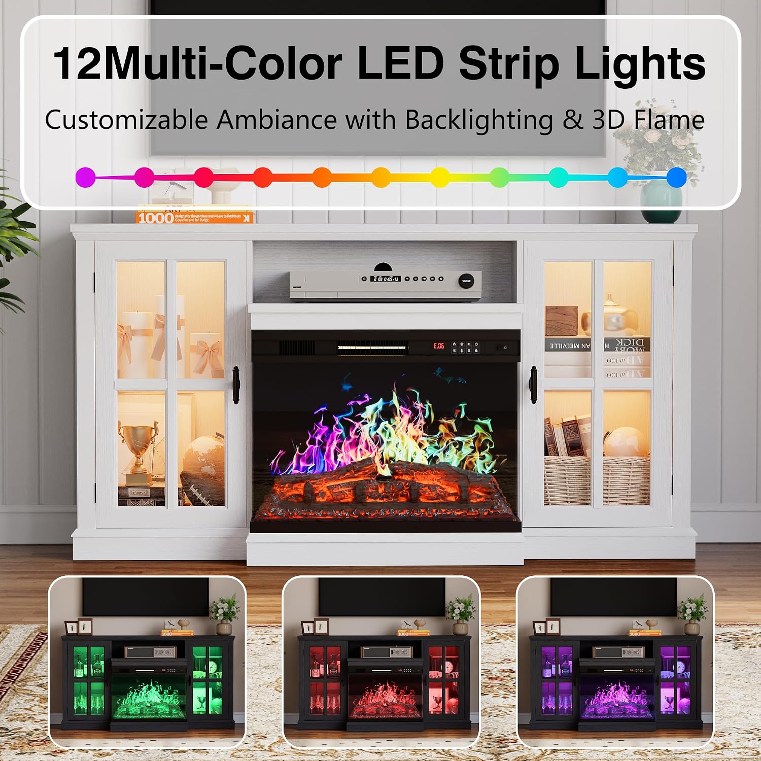 YESHOMY Glass Fireplace TV Stand for Televisions up to 65', Media Entertainment Center Console Table with Led Lights, White Wash