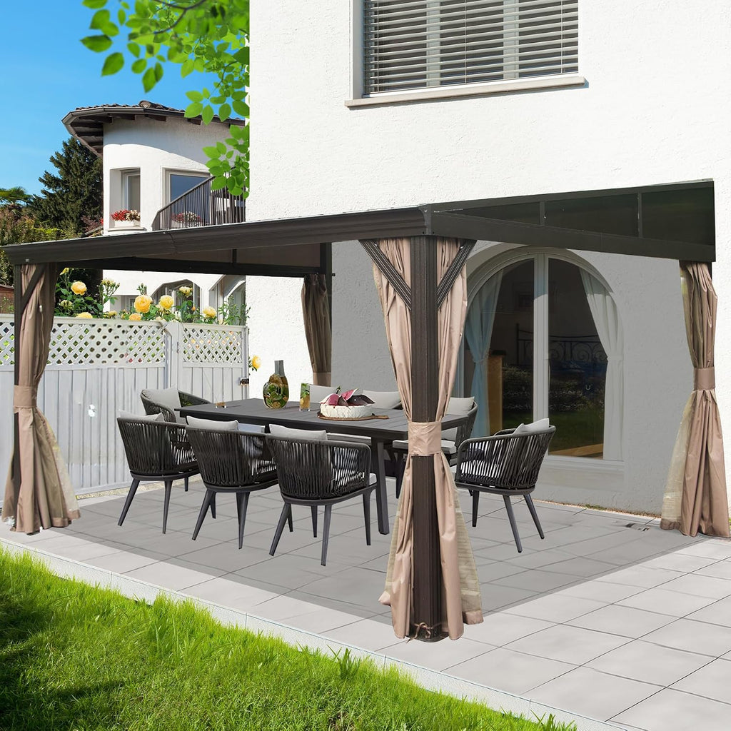 Domi 12x14FT Lean to Gazebo, Aluminum Wall Mounted Gazebo with Sloping Galvanized Steel Roof, Curtains and Netting, Outdoor Hardtop Gazebo Pergola for Patio, Deck, Garden, Backyard