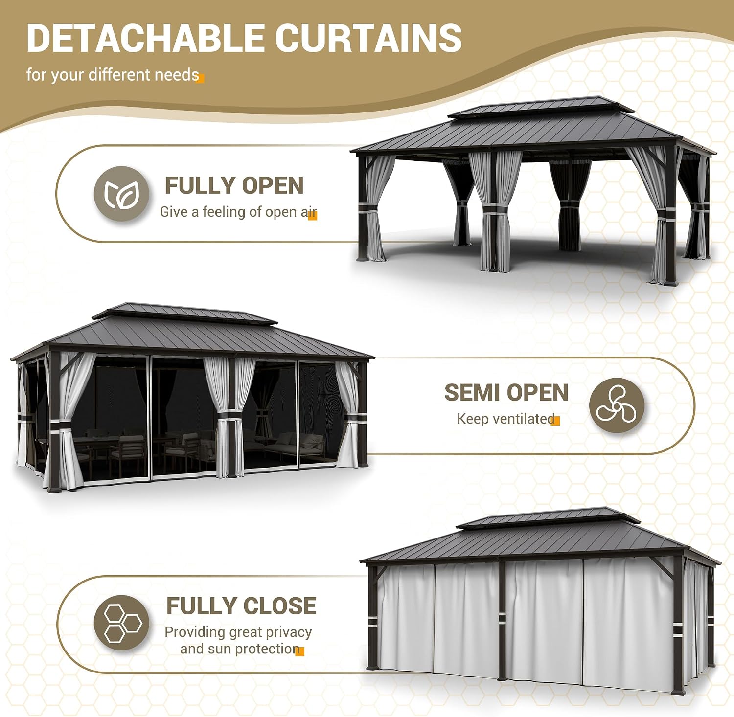 UDPATIO 12' x 20' Hardtop Gazebo, Galvanized Steel Double Roof Permanent Aluminum Gazebo, Outdoor Metal Pergolas with Mosquito Netting and Curtains for Garden, Parties, Patio, Deck, Lawns, Grey