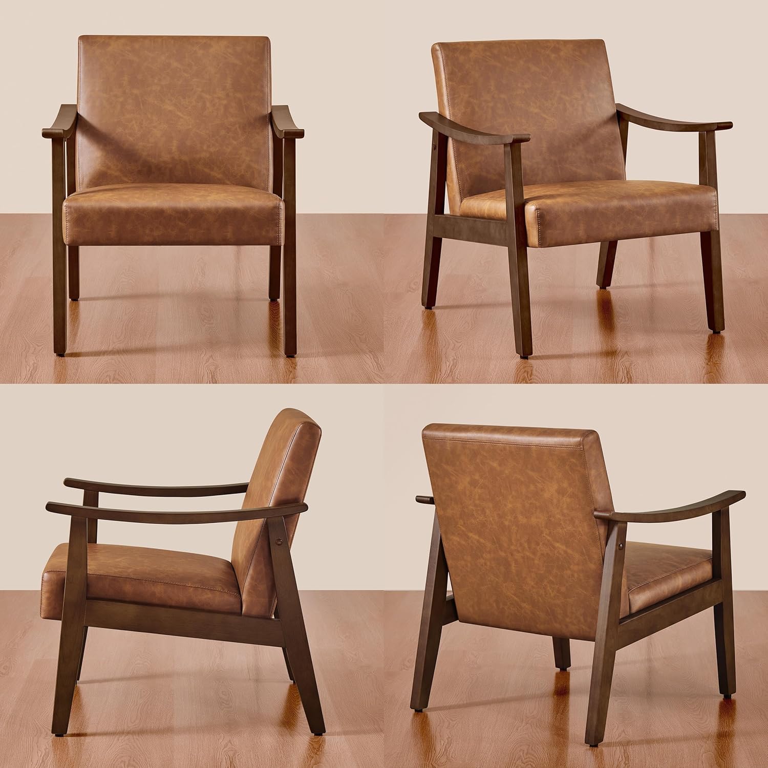 Yaheetech PU Leather Accent Chair, Mid-Century Modern Armchair with Solid Wood Legs, Reading Leisure Chair with High Back for Living Room Bedroom Waiting Room, Set of 2, Brown