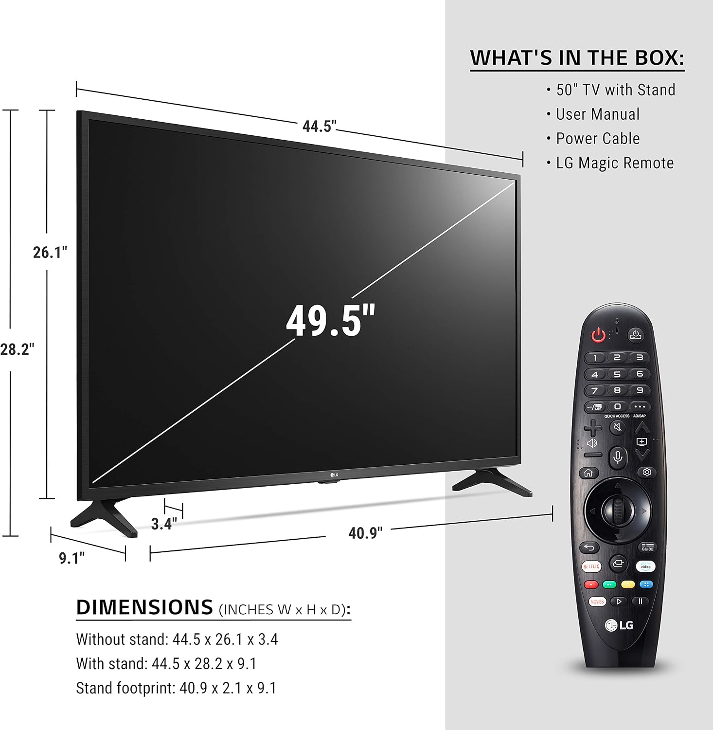 LG UN73 Series 50' Alexa Built-in, 4K UHD IPS Smart TV, Bluetooth Surround Ready, Apple Airplay 2, webOS with Magic Remote (50UN7300PUF, 2020)