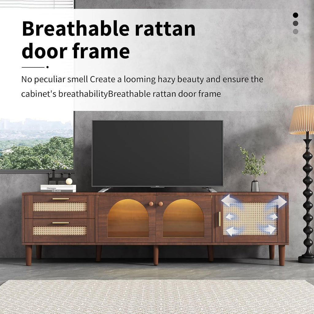 Merax LED TV Stand for TVs up to 80', Boho Entertainment Center with Rattan Decor, Multi-Functional Media Console & 3 Storage Cabinets and 2 Drawers for Living Room, Bedroom, Home Theatre, Dark Brown