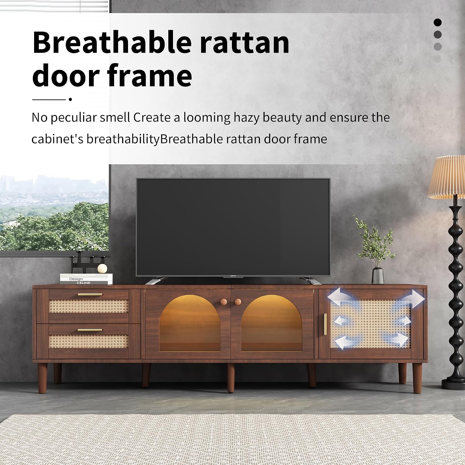 Merax LED TV Stand for TVs up to 80', Boho Entertainment Center with Rattan Decor, Multi-Functional Media Console & 3 Storage Cabinets and 2 Drawers for Living Room, Bedroom, Home Theatre, Dark Brown