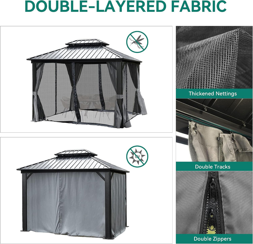 YITAHOME 10x12ft Gazebo Hardtop with Nettings and Curtains, Heavy Duty Double Roof Galvanized Steel Outdoor Combined of Vertical Stripes Roof for Patio, Backyard, Deck, Lawns, Gray