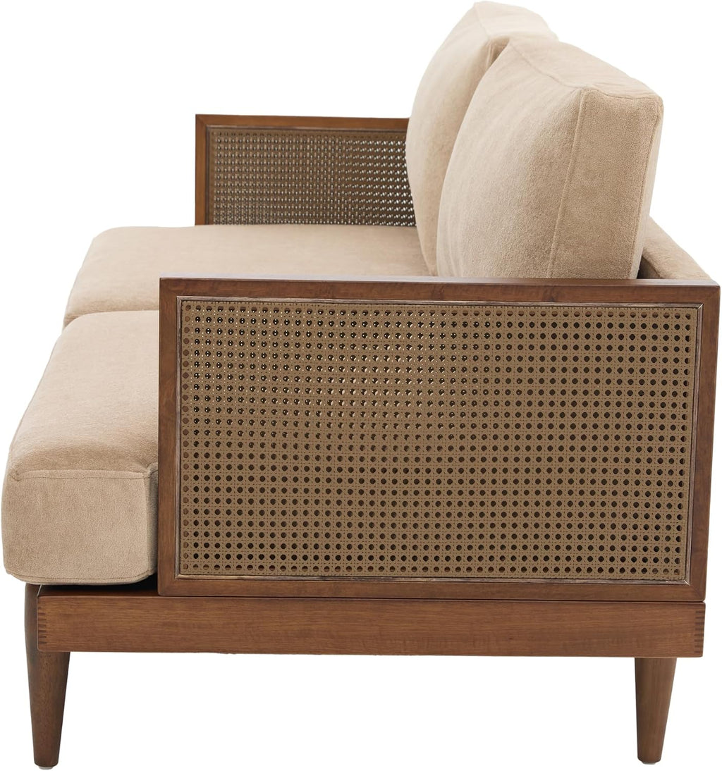 Christopher Knight Home Emir 3 Seater Sofa with Cushion, Sofa Chair with Cane Rattan and Wooden Frame, Spacious Seating Couch for Living Room/Bedrooms, Modern Slat Panel Sofa Couch, Walnut + Camel