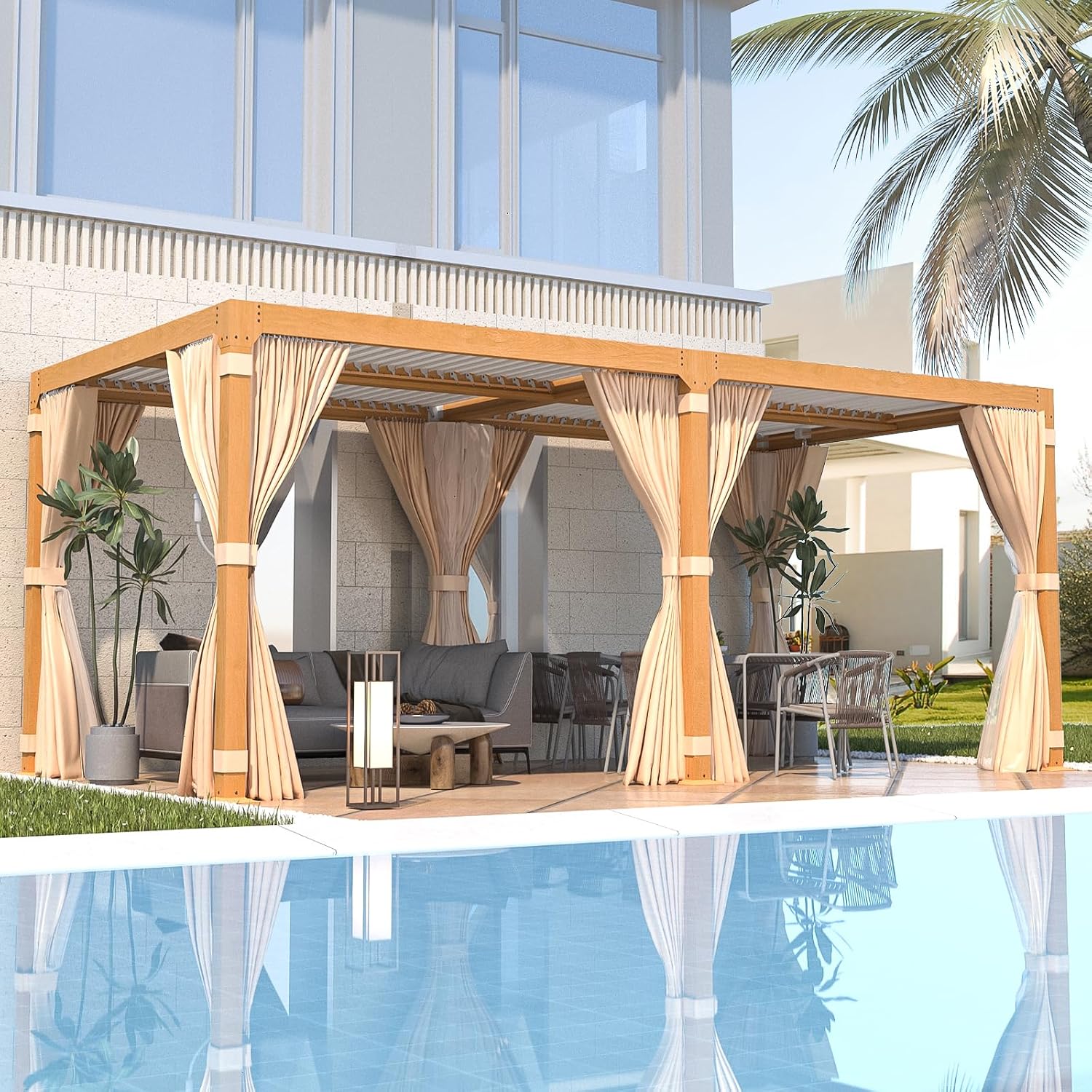 EROMMY Louvered Pergola 10x20, Outdoor Aluminum Pergola with Adjustable Rainproof Roof for Garden, Patio, Deck, Waterproof Curtains and Netting Included, Wood Grain