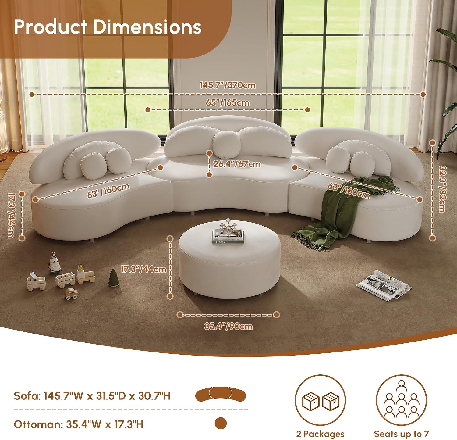 homary 7-Seat Curved Modular Sectional Sofa – Velvet Upholstered, Beige Couch with Ottoman, Modern Living Room Furniture for Family & Entertaining