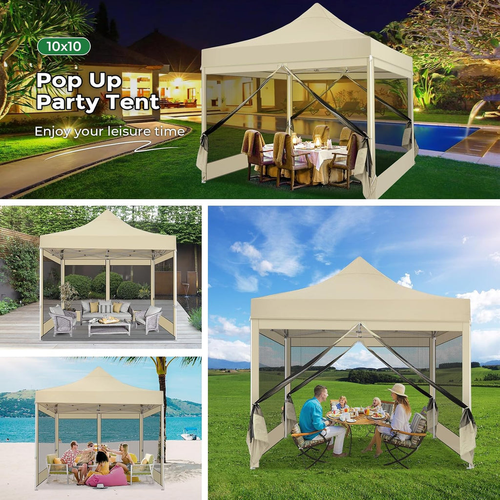COBIZI 10x10 Heavy Duty Pop Up Canopy Tent with 4 Sidewalls, Easy Set Up Outdoor Waterproof Screen Commercial Party Tent with Mosquito Netting for Parties Backyard Patio, Carry Bag, Khaki