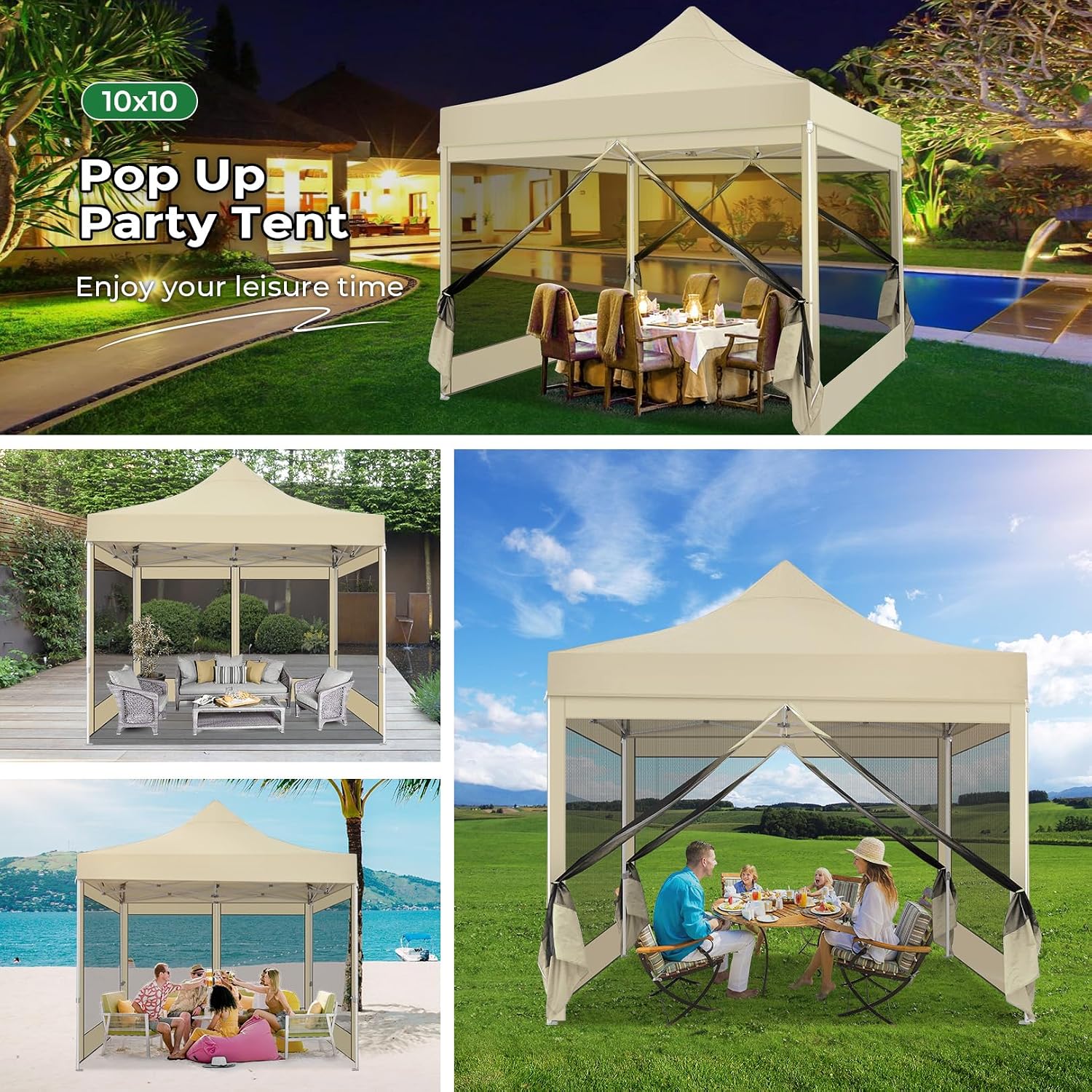 COBIZI 10x10 Heavy Duty Pop Up Canopy Tent with 4 Sidewalls, Easy Set Up Outdoor Waterproof Screen Commercial Party Tent with Mosquito Netting for Parties Backyard Patio, Carry Bag, Khaki
