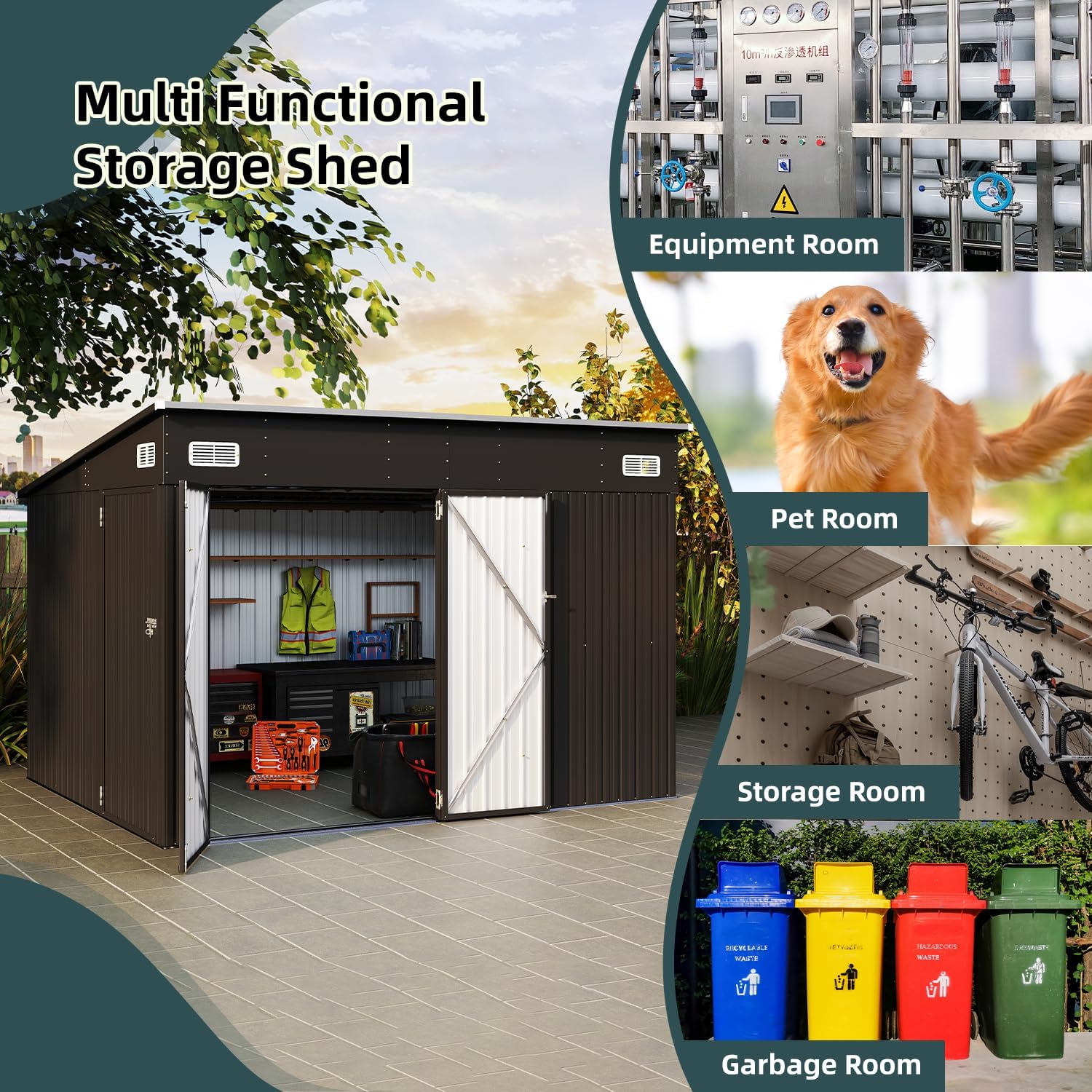 10x8ft Black Metal Tool Shed with Triple Lockable Doors, Heavy-Duty, Weather-Resistant & Rustproof Outdoor Storage for Tools, Garden Equipment, Bikes & Backyard Essentials