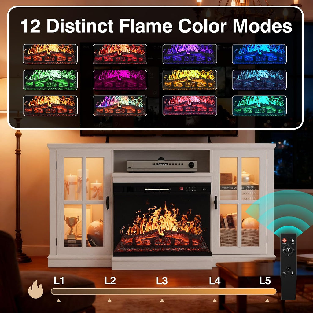 YESHOMY Glass Fireplace TV Stand for Televisions up to 65', Media Entertainment Center Console Table with Led Lights, White Wash