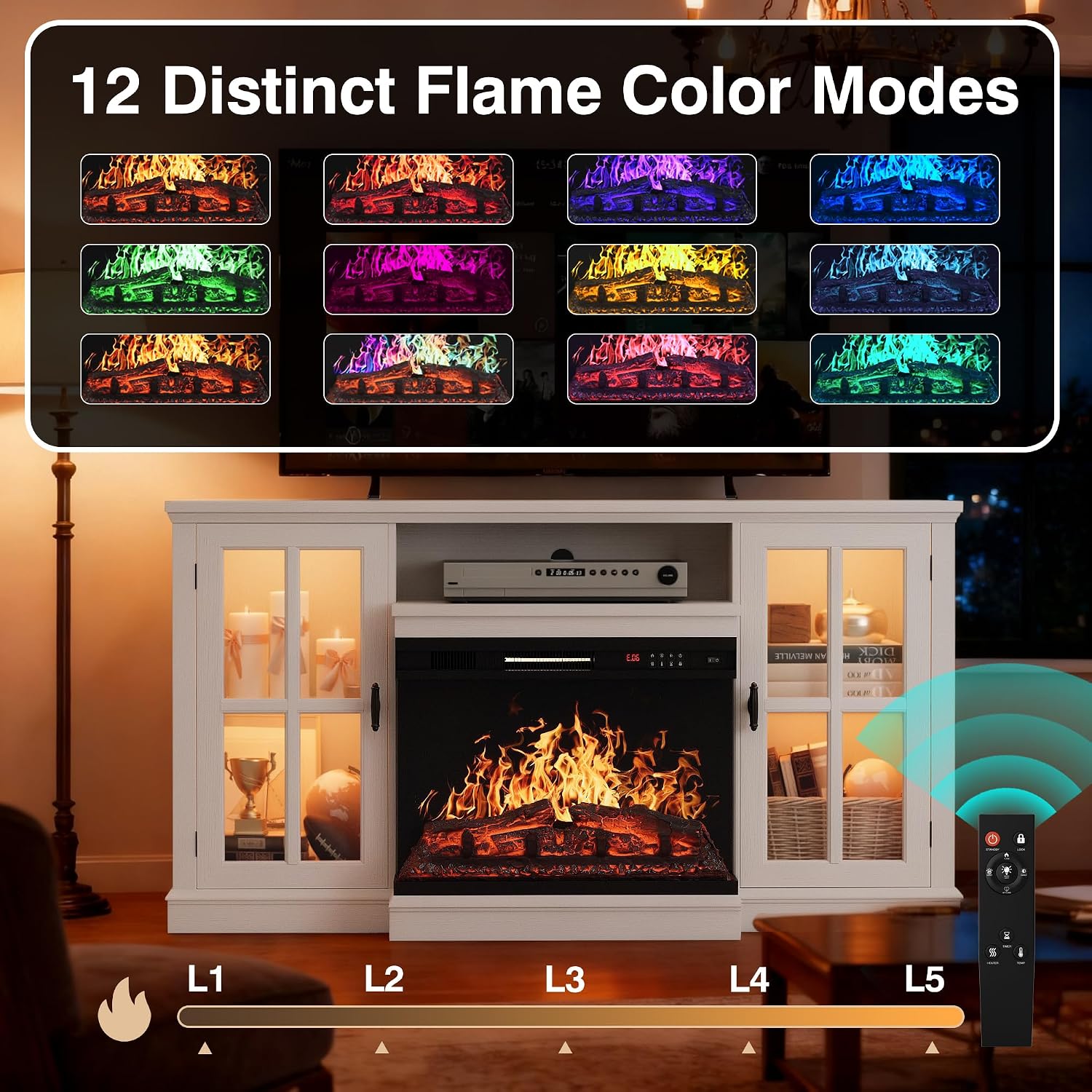 YESHOMY Glass Fireplace TV Stand for Televisions up to 65', Media Entertainment Center Console Table with Led Lights, White Wash