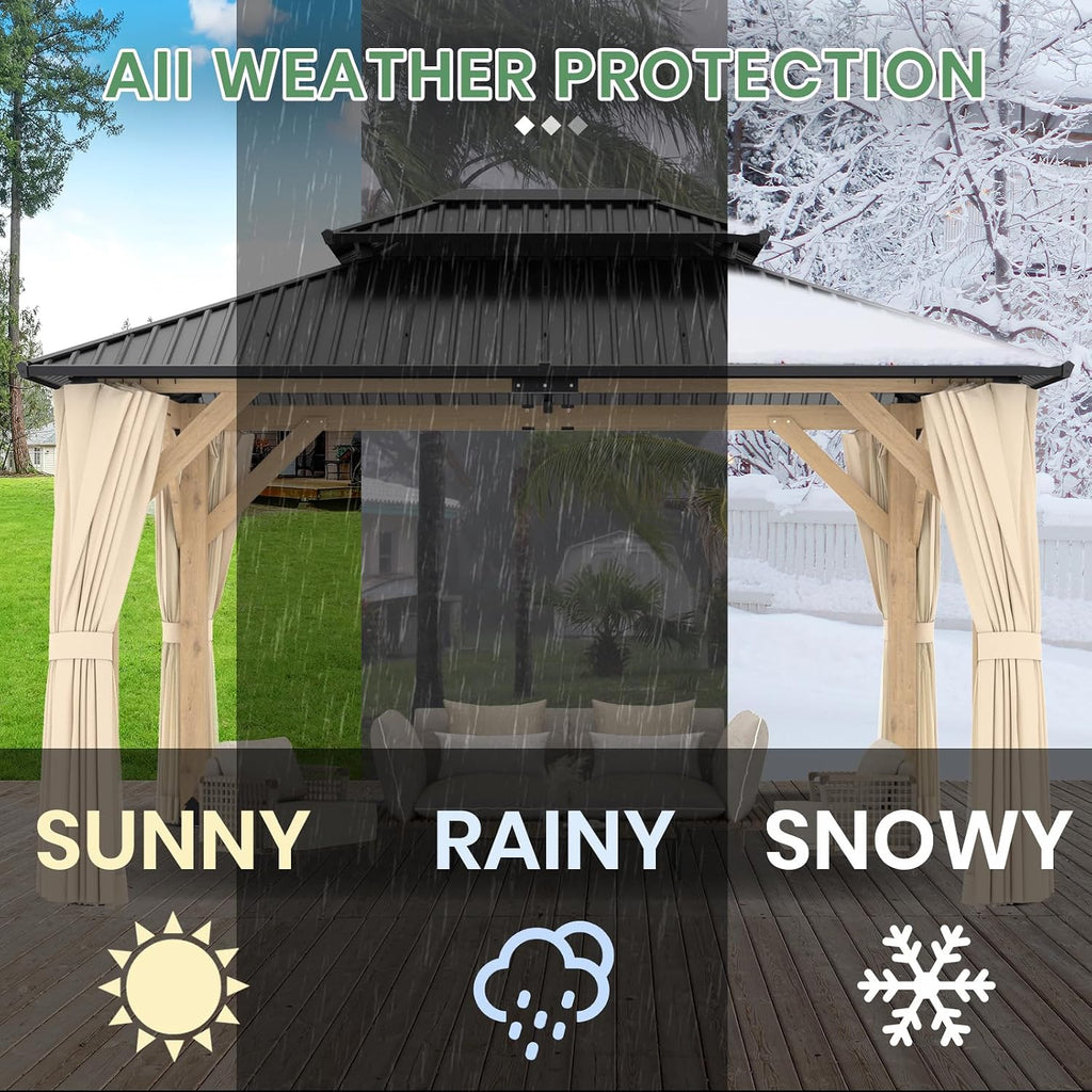 LVUYOYO 13' x 15' Wood Gazebo, Outdoor Hardtop Gazebo, Double Galvanized Steel Roof Gazebos Pergola with Curtains and Nettings, Wooden Pavilion for Patio, Backyard, Deck, Garden