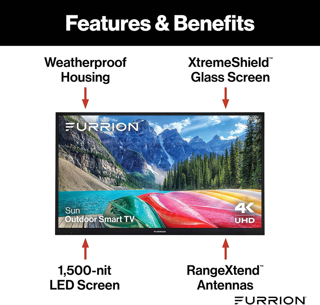 Furrion Aurora 55-Inch Sun 4K UHD LED Smart Outdoor TV - Weatherproof Outdoor Television with HDR10, Anti-Glare, 1,500-Nit LED Screen, Impact-Resistant Screen, External Antenna for Sunny Outdoor Areas