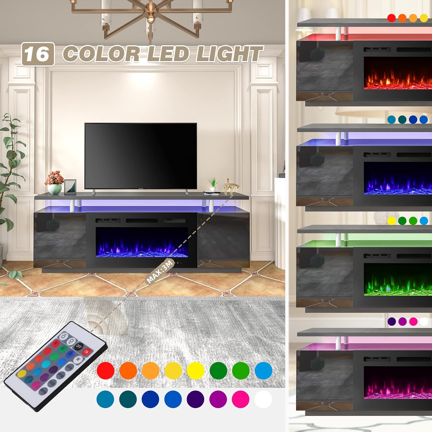 EROMMY 70'' Fireplace TV Stand with 36'' Electric Fireplace, Entertainment Center with 12 Flame Fireplace Insert Heater and 16 Color Led Lights, TV Console for TVs up to 80'' for Living Room, Black
