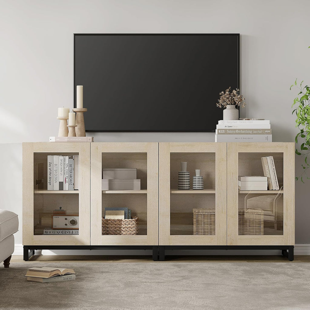 WAMPAT Modern TV Stand with Glass Doors for 40-70 inch TVs, 2 in 1 Entertainment Center Console with Adjustable Shelves and Metal Base for Living Room, Bedroom, Beige