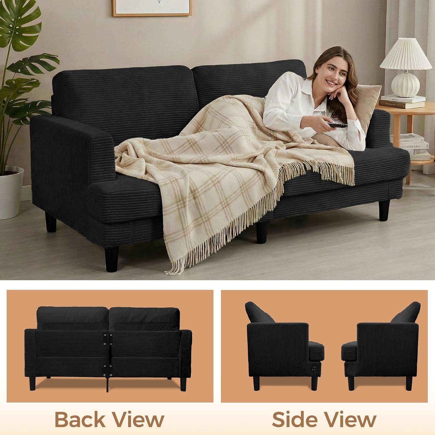 MAKIAAP 70' Loveseat Sofa for Living Room, Comfy Corduroy Couch with USB & Type-C Ports, Modern 2-Seater Deep Seat Small Couch for Bedroom, Apartment, Office – Soft Cushions & Sturdy Frame (Black)