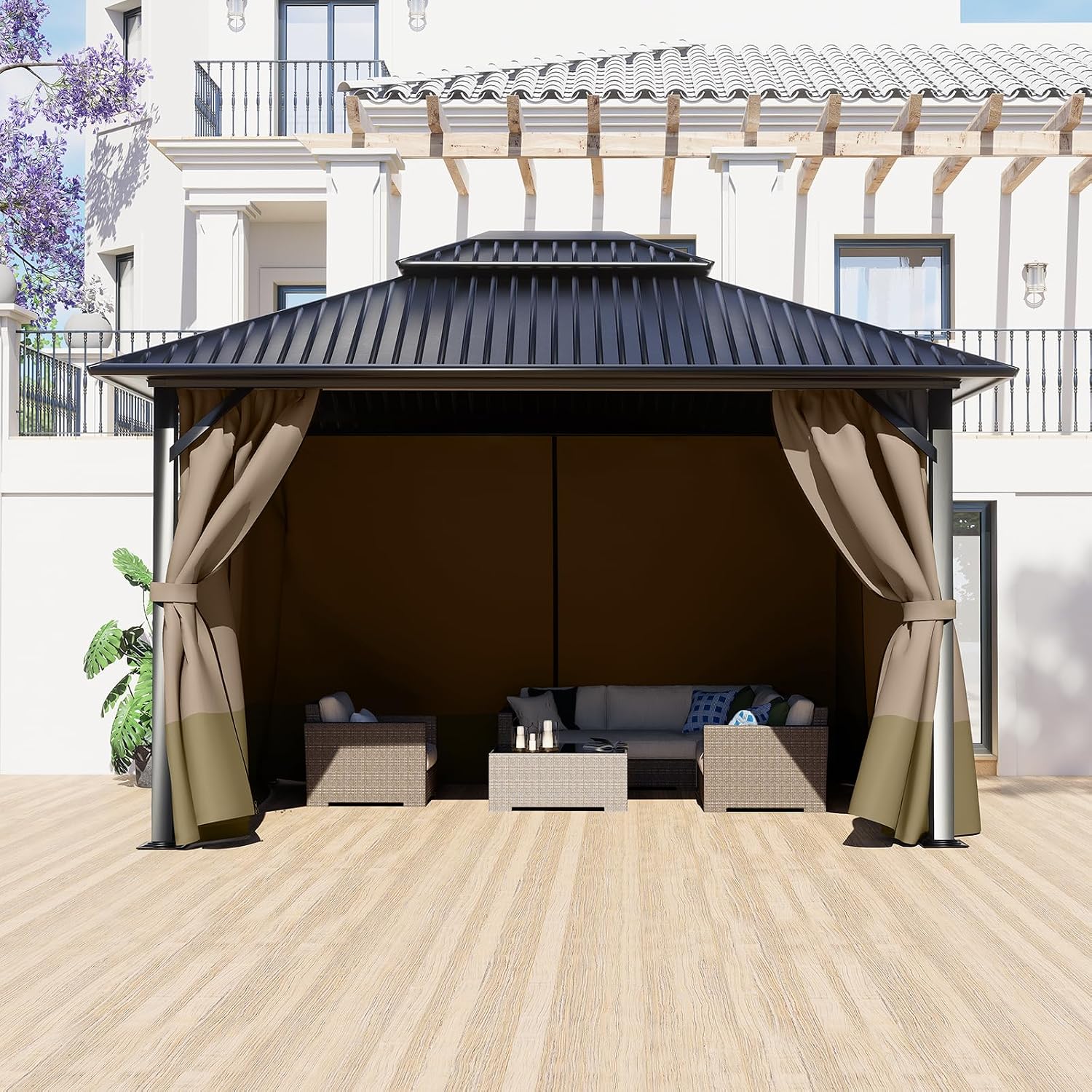 BPS 12' x 14' Gazebo Privacy Curtains with Double Zipper, 4-Panels Side Wall Universal Gazebo Side Panels Replacement for Patio, Outdoor Canopy, Garden and Backyard (Curtain Only)