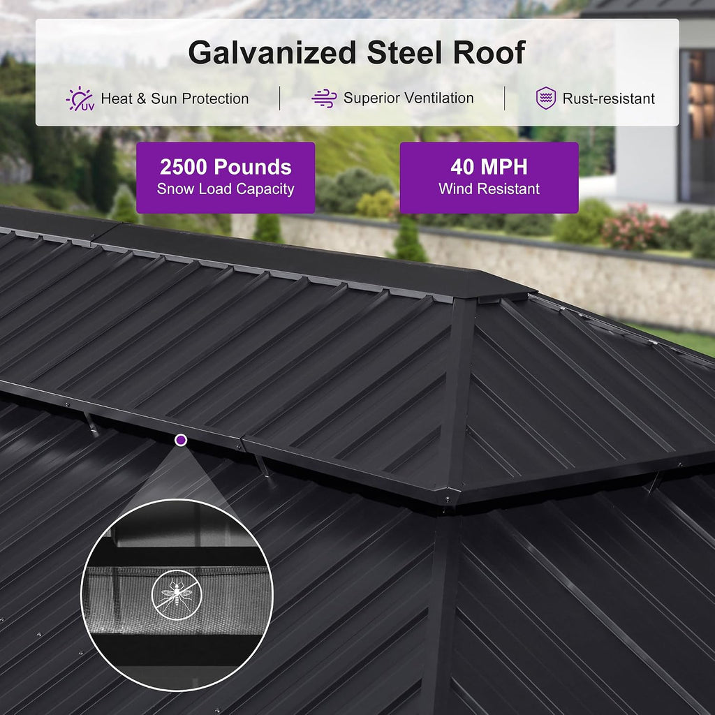 PURPLE LEAF 14' X 24' Outdoor Hardtop Gazebo for Patio Galvanized Steel Double Roof Permanent Canopy Teak Finish Coated Aluminum Frame Pavilion Gazebo with Netting and Black Curtains