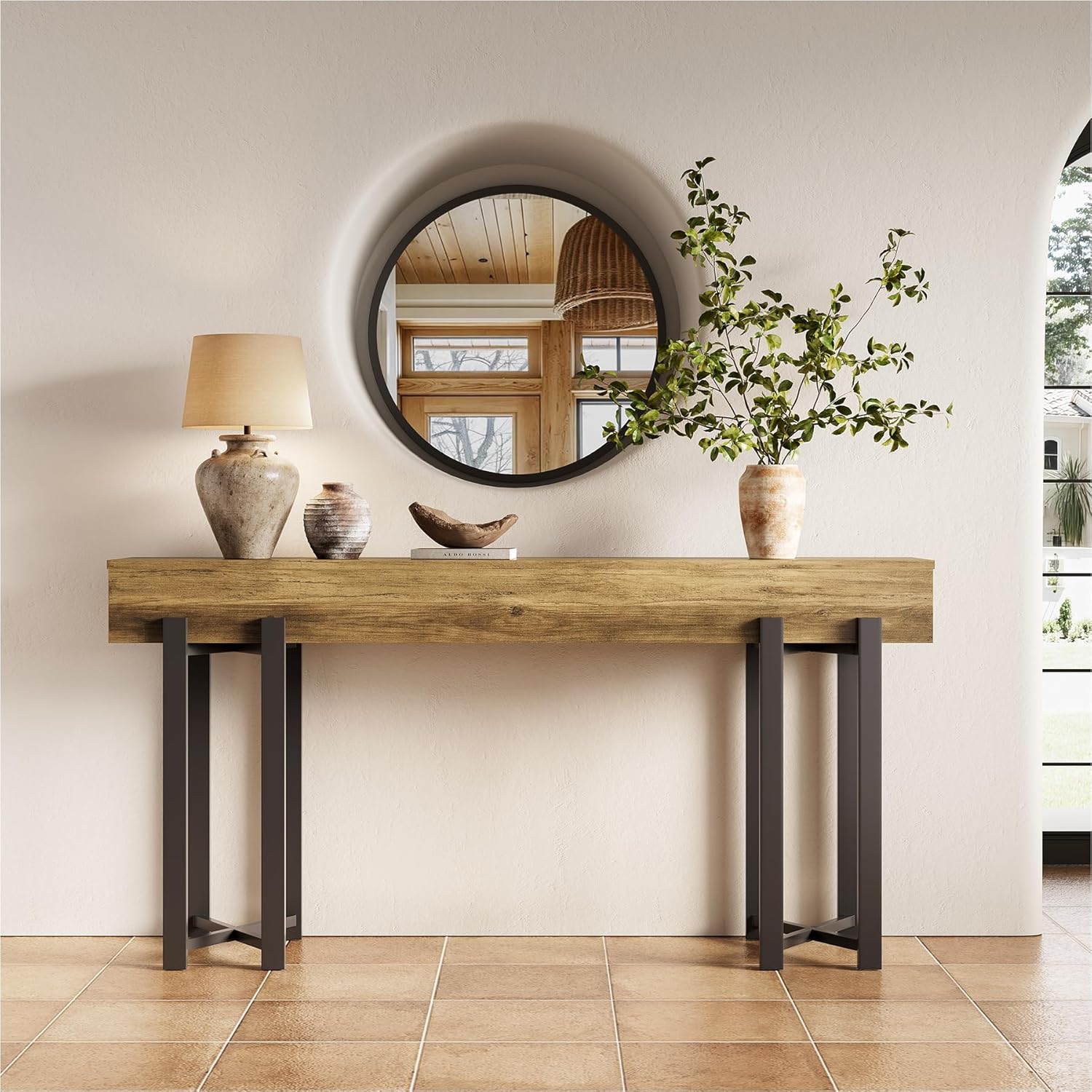 LITTLE TREE 63-Inch Console Table for Entryway, Industrial Behind Couch Table, Minimalist Sofa Table for Living Room, Rustic Brown Wooden Hallway Foyer Table with Black Metal Frame