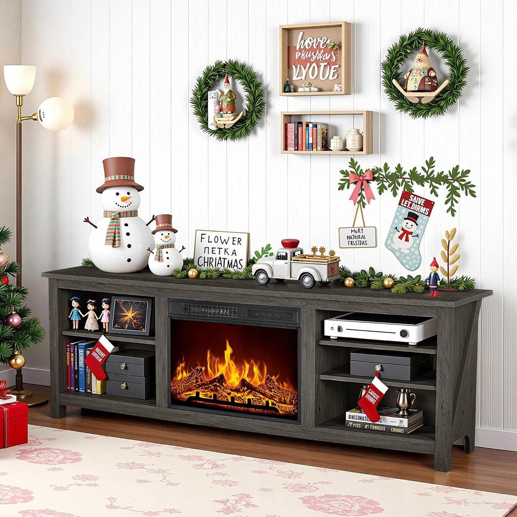 AMERLIFE Fireplace TV Stand, Wood Texture Entertainment Center with 23' Electric Fireplace, Farmhouse Entertainment Stand Media TV Console for TVs Up to 80', 70 inches, Rustic Grey