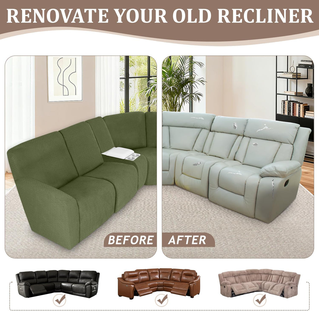 ALIECOM 100% Waterproof Recliner Sectional Couch Covers L Shape Stretch Corner Reclining Sectional Sofa Cover Washable Recliner Slipcover Protector for Dog Pet (5 Seat and 1 Console, Avocado Green)