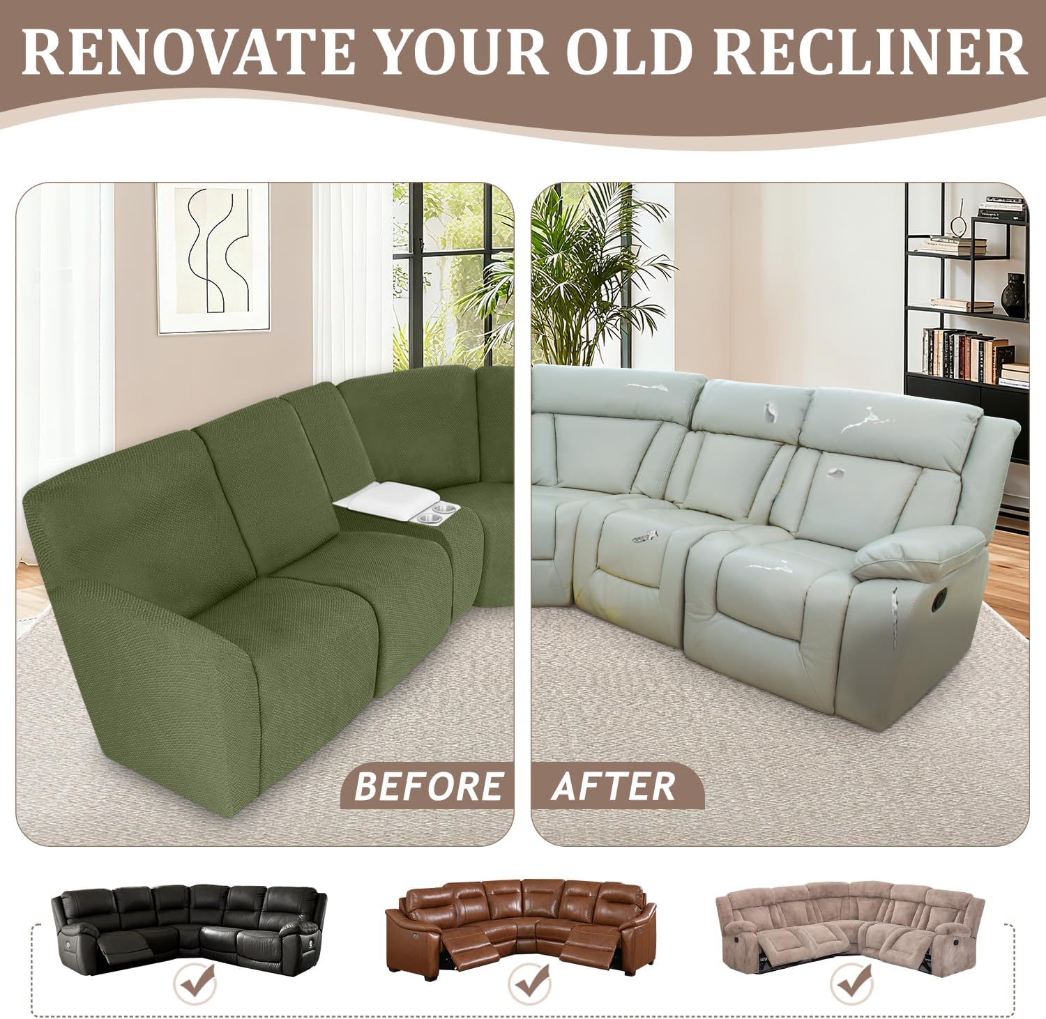 ALIECOM 100% Waterproof Recliner Sectional Couch Covers L Shape Stretch Corner Reclining Sectional Sofa Cover Washable Recliner Slipcover Protector for Dog Pet (5 Seat and 1 Console, Avocado Green)