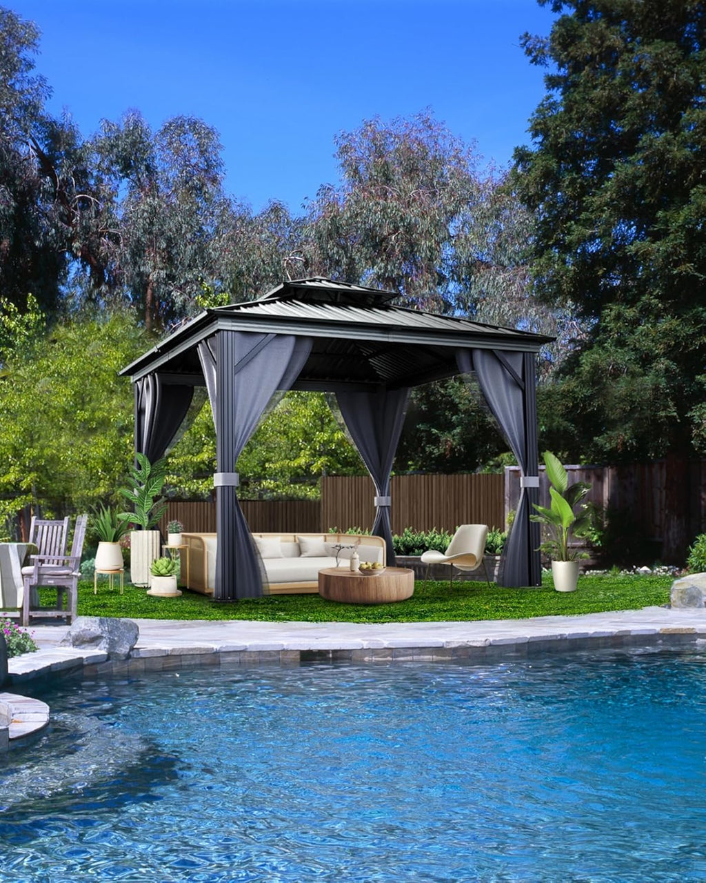 GarveeLife Hardtop Gazebo 12 ft x12 ft for All Weather, with Double Metal Roof, Aluminum Alloy Frame, Net, and Curtain, Permanent Building for Patio, Deck, Backyard, Lawn, and Garden, Gray