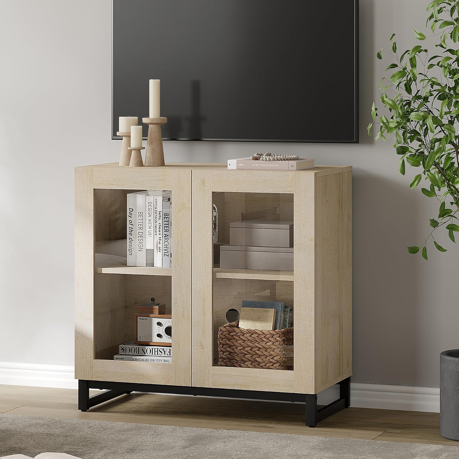WAMPAT Modern TV Stand with Glass Doors for 26-40 inch TVs, Entertainment Center Console with Adjustable Shelves and Metal Base for Living Room, Bedroom, Beige