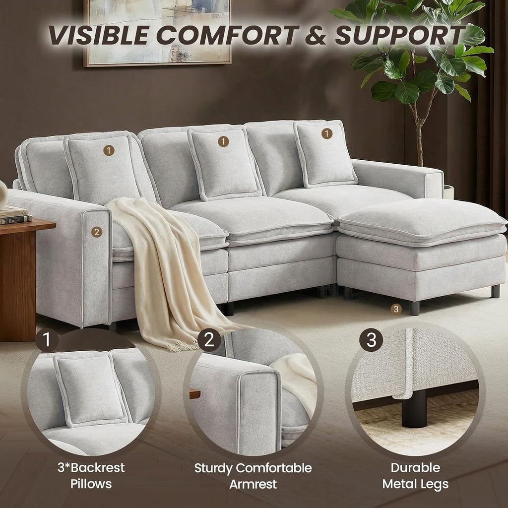 MALOL Modular Sectional Sofa 107', Comfy Cloud Couch with Ottoman, Deep 4-Seat L Shaped Modular Sofa, Couches with Throw Pillows for Living Room, Beige