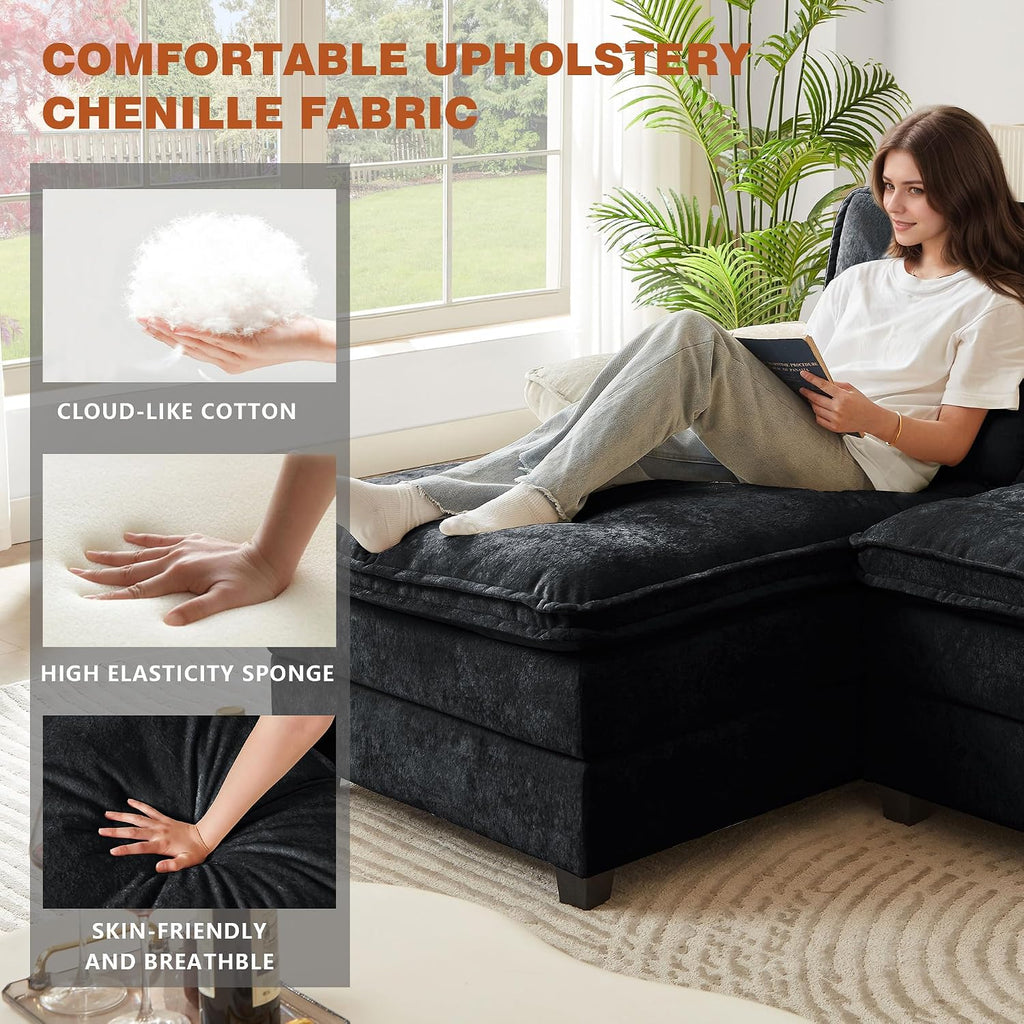 113' Oversized Cloud Couch, U Shape Sectional 4 Seat Sofa with Double Chaises, 2 Layer Cusions, Deep Seat Comfy Sofa, Upholstery Chenille Fabric for Living Room, Black