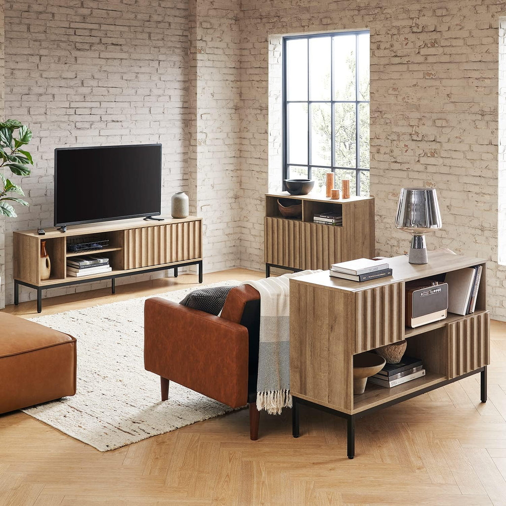 mopio Norwin TV Stand, Rustic Modern Industrial Television Stand for 60/65/70 inch TV, Fluted Entertainment Center with Storage, Wood Media Console Credenza Cabinet Table (Oak 64' TV Stand)
