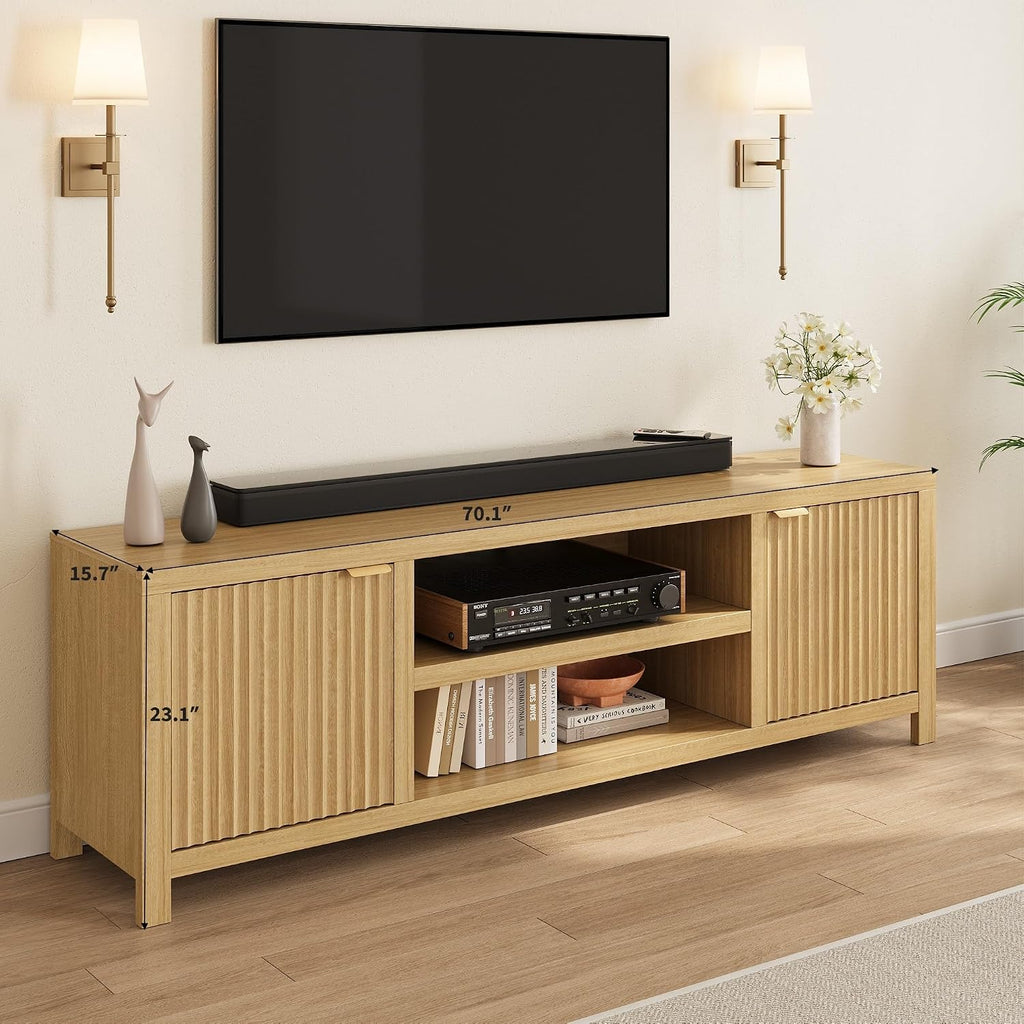 IDEALHOUSE Fluted TV Stand for 75+'', Modern Entertainment Center with 2-Tier Storage & Adjustable Shelves, Media Console Cabinet with 2 Fluted Doors & Gold Handle for Living Room Bedroom, Natural Oak