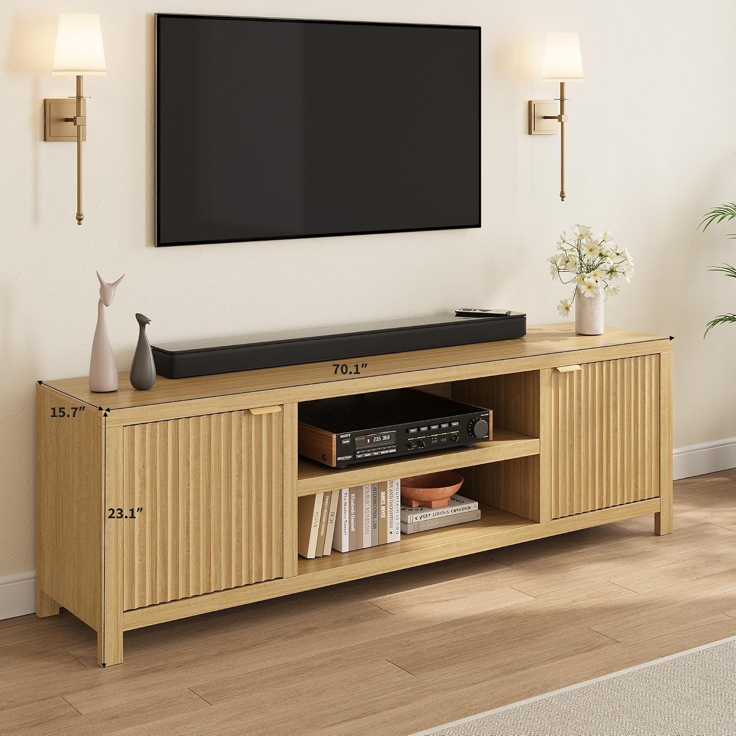 IDEALHOUSE Fluted TV Stand for 75+'', Modern Entertainment Center with 2-Tier Storage & Adjustable Shelves, Media Console Cabinet with 2 Fluted Doors & Gold Handle for Living Room Bedroom, Natural Oak
