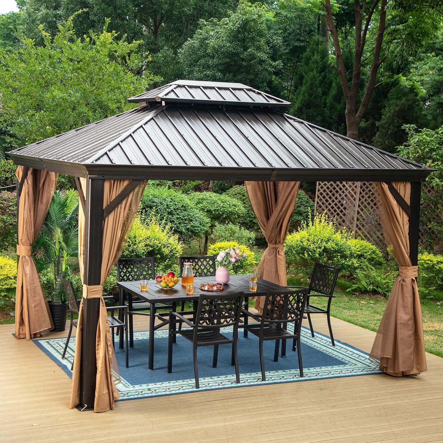 10 X 12ft Hardtop Gazebo with Nettings and Curtains, Heavy Duty Double Roof Galvanized Steel, Outdoor Aluminum Permanent Gazebos for Patios, Backyard, Deck, Garden, Lawns