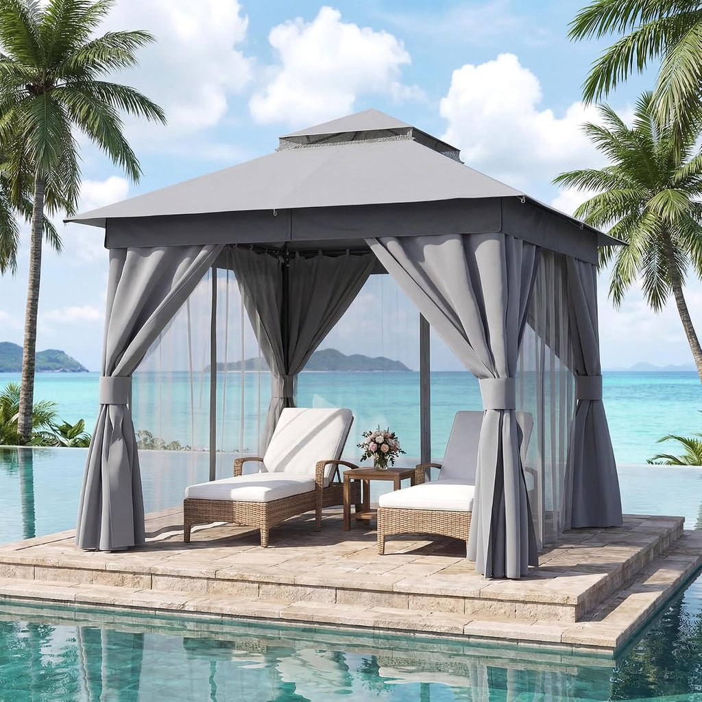 LAUSAINT HOME 8'x8' Outdoor Patio Gazebo, Heavy Duty Party Tent & Shelter with Double Roofs, Mosquito Nettings and Privacy Screens for Backyard, Garden, Deck (Grey)