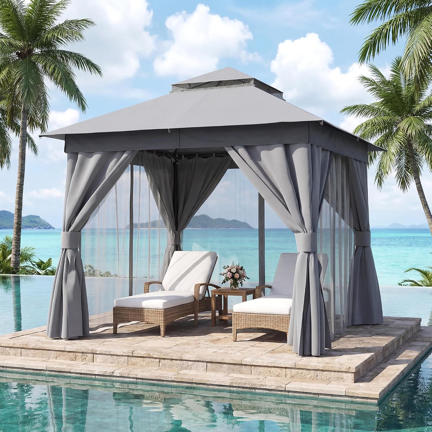 LAUSAINT HOME 8'x8' Outdoor Patio Gazebo, Heavy Duty Party Tent & Shelter with Double Roofs, Mosquito Nettings and Privacy Screens for Backyard, Garden, Deck (Grey)