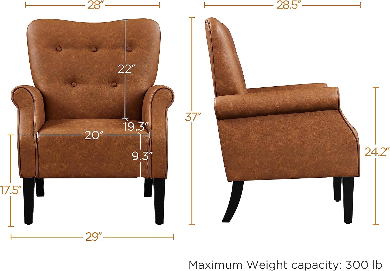 Yaheetech Modern Armchair, Mid Century PU Leather Accent Chair with Sturdy Wood Legs and High Back for Small Space, Upholstered Sofa Club Chair for Living Room/Bedroom/Office, Retro Brown