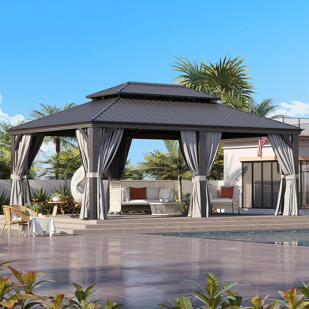 Suitable for Garden Leisure Time: 14'x20' Double - top Iron Sheet Luxury Pavilion, with a Sturdy Aluminum Alloy Frame, Equipped with Water - Repellent Enclosure Fabric and Insect - Proof Net