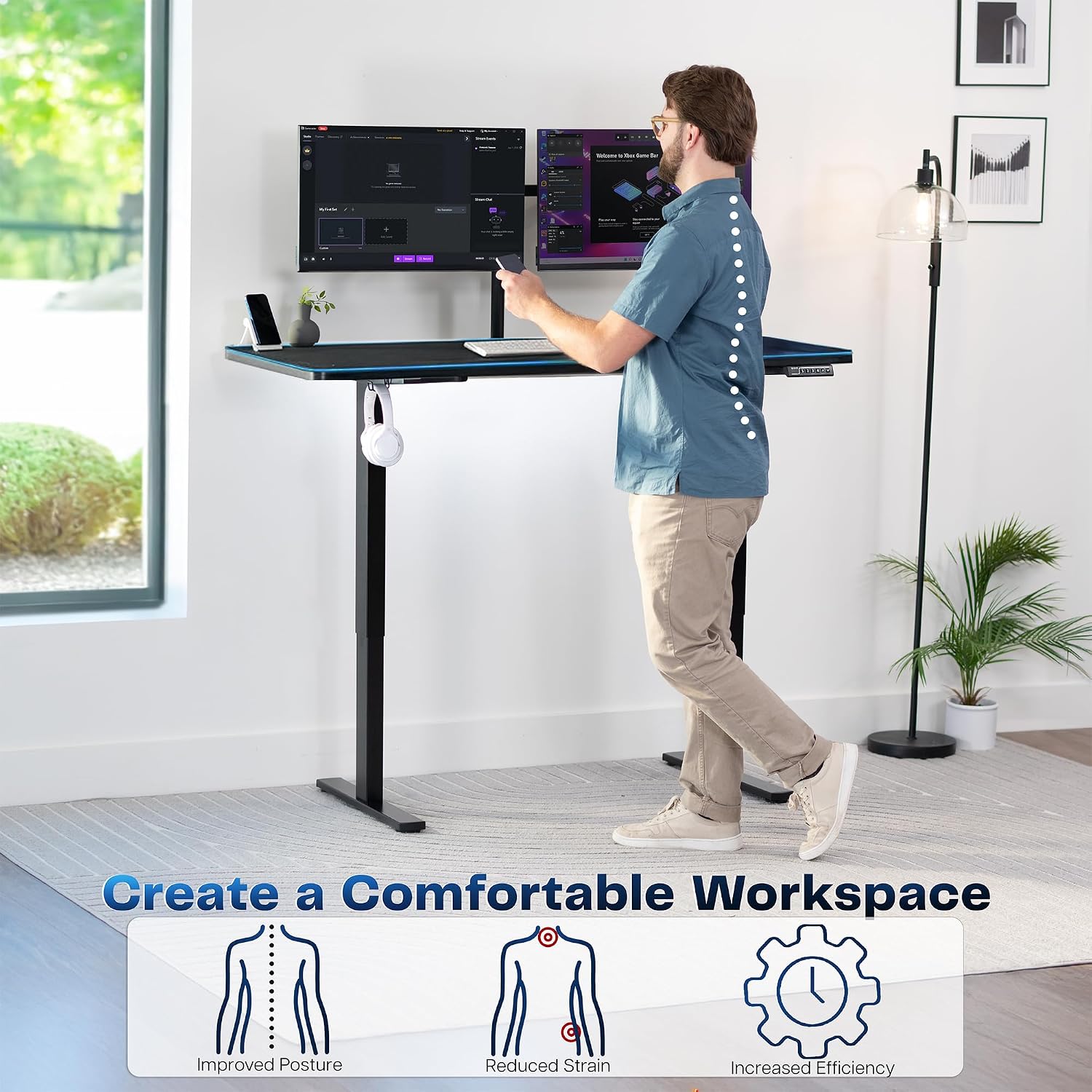 VIVO Electric 60 x 30 in Standing Desk with Full-Size RGB Mouse Pad, Memory Height Adjustment, 1B Series, Holds 220 lbs, Black Top Black Frame, DESK-KIT-1B6BP-30