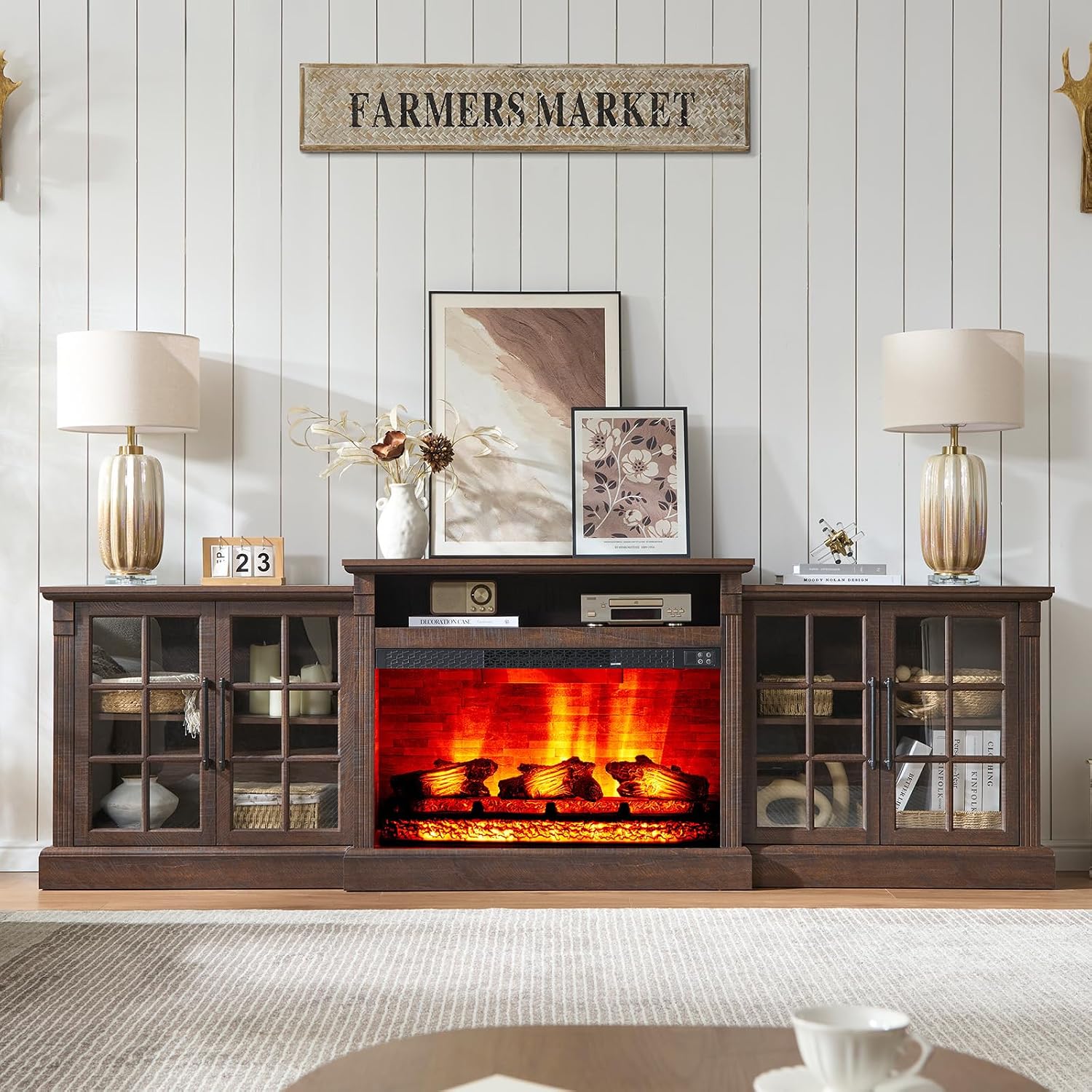 AMERLIFE 97' Farmhouse Fireplace TV Stand, Entertainment Center with Large Storage Space and Adjustable Shelf, Media Console for Living Room, Rustic Brown