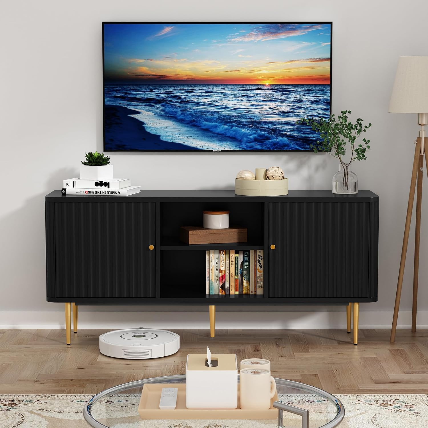ARTPOWER 55' Fluted TV Stand, Mid Century Modern Black TV Stand for 55/60/65 inch TV, Entertainment Center with Storage, Television Stands, TV Console, Media Console for Living Room, Bedroom (Black)