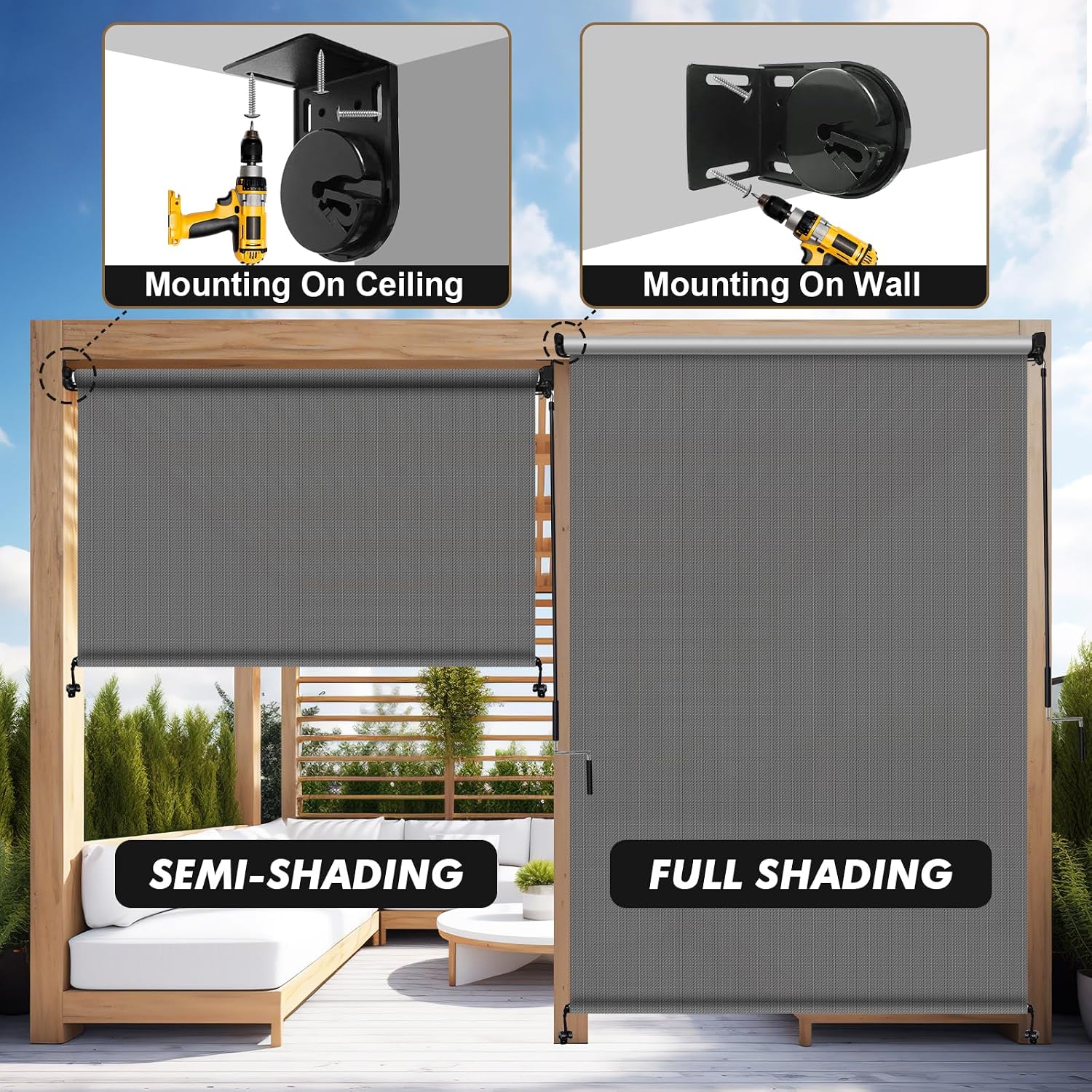 Artpuch Custom Size Outdoor Roller Shade 6' W x 6' H, Cordless Patio Shades Roll Up Outdoor Blinds with 5% Openness Solar Fabric Light Filtering for Porch, Gazebo, Pergola, Grey