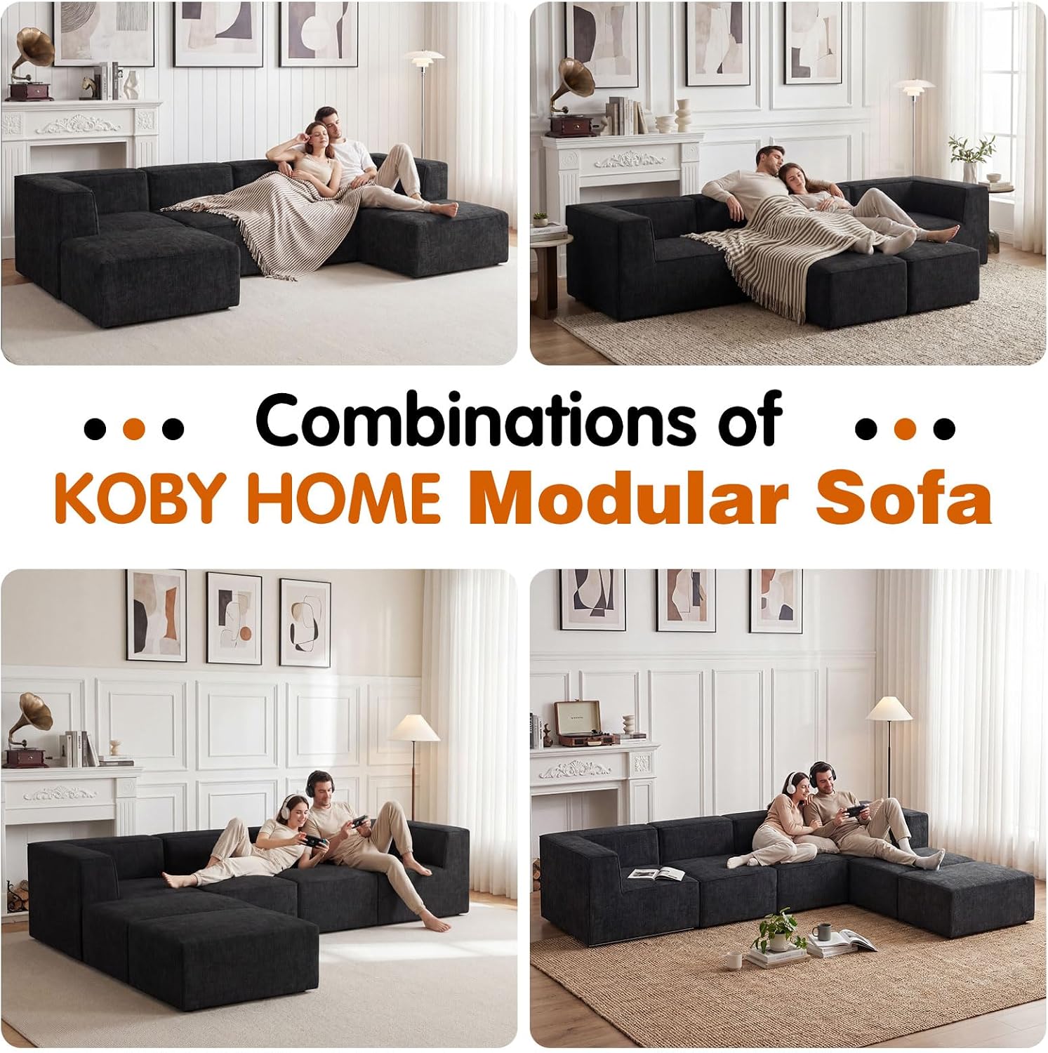 136' 6-Piece Sectional Sofa Modular Couches,L-U-Shaped with Chaise,for Living Room,Compressed Foam No Assembly,for Living Room (2xArmless Corner Ottoman) Fabric Chenille Dark Grey