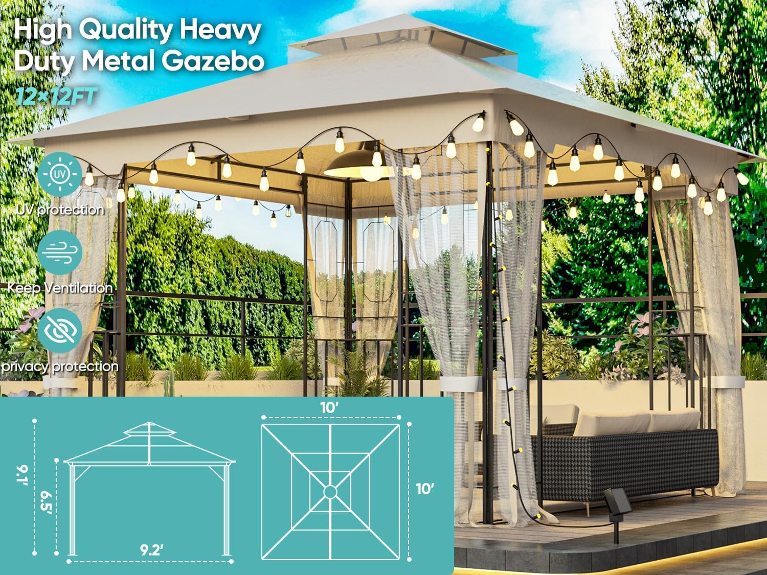 10X10FT Softtop Metal Gazebo with Mosquito Net Sunshade Curtains,Sturdy Heavy Duty Double Roof Canopy,Galvanized Steel Design Outdoor Tent,Suitable for Gardens,Patio,Backyard